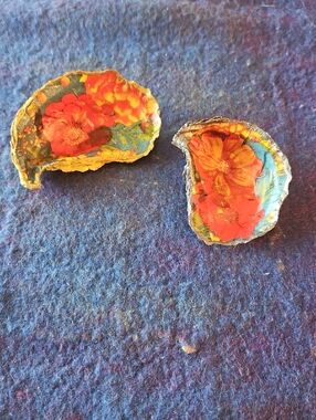 Hand-Painted Floral Oyster Shell Dishes .  Set Of 2